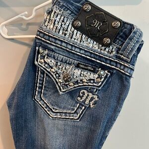 Miss Me Dark Blue Flare Jeans with Silver Sequin & Stud Accents
